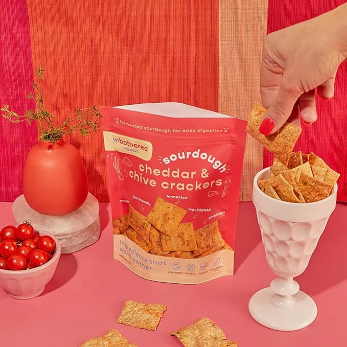 Unbothered Foods Cheddar & Chive Sourdough Crackers - Gut-Friendly & Easy to Digest, Non-GMO, No Added Sugar, Nut-Free, Perfect for Cheese & Snacks, 100% Naturally Fermented (2 Pack)