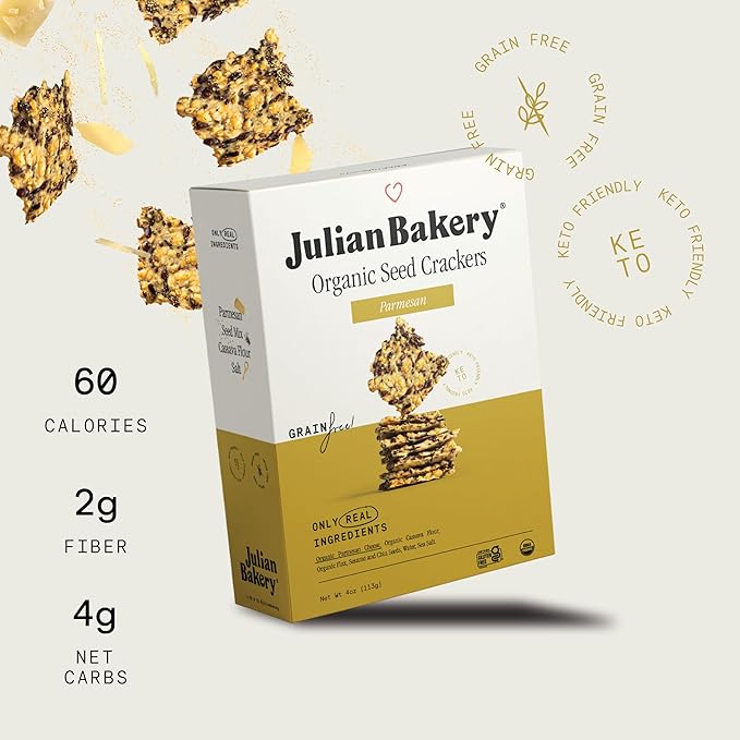 Julian Bakery® Organic Seed Crackers - Parmesan 4oz | Gluten Free and Organic Certified | Grain Free | Low Carb (3PACK)