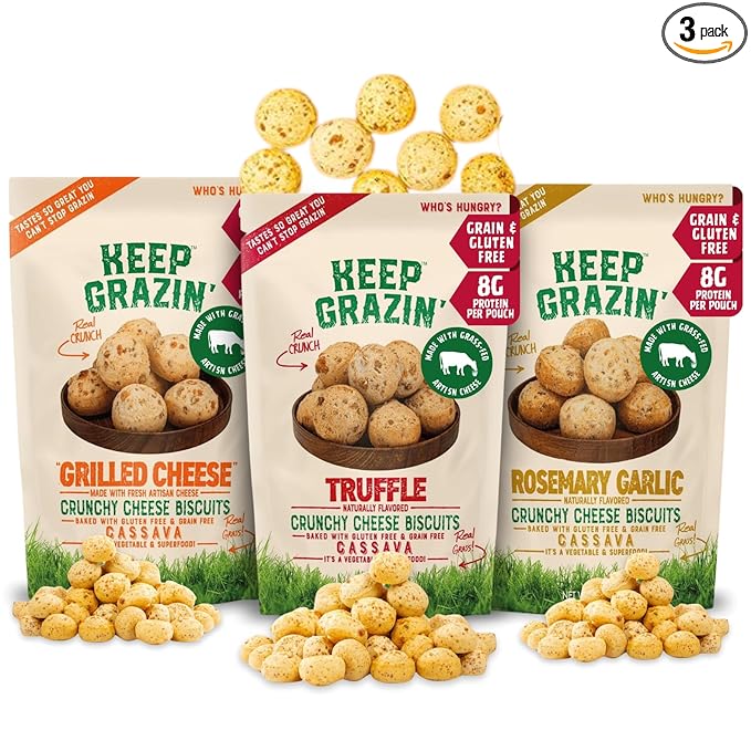 Keep Grazin Grain Free Crunchy Cheese Biscuits - Variety Pack | 2.12 Ounce (Pack of 3) | Gluten & Sugar-Free, Non-GMO Protein Snacks - Baked with 100% Grass-Fed Cheese & Cassava Flour