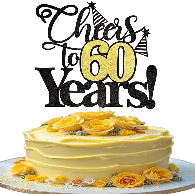 Rsstarxi 1 Pack Cheers to 60 Years Cake Topper Black Glitter Sixty Years Old 60th Birthday Cake Pick Decorations for 60th Birthday Wedding Anniversary Party Supplies