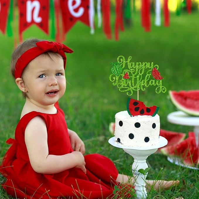 1 Pack Happy Birthday Cake Topper Glitter Watermelon Cupcake Pick Baby Shower Watermelon Fruit Kids Birthday Party Cupcake Decoration Supplies