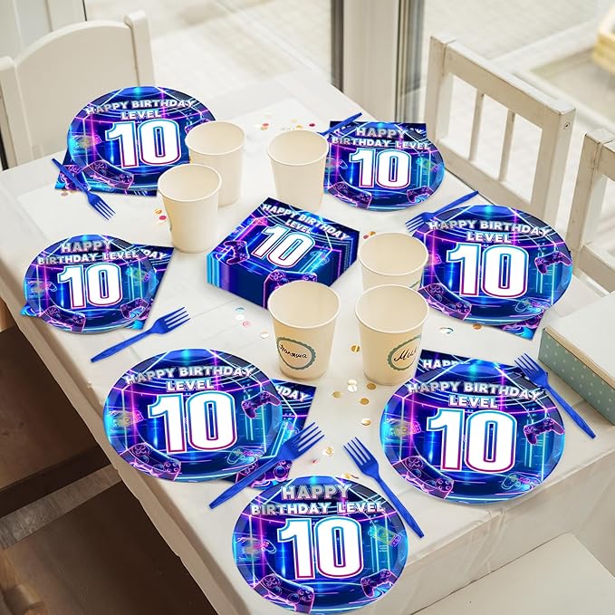 96Pcs 10th Birthday Video Game Plates and Napkins Gamer 10 Years Old Party Decorations Purple and Blue Level 10 Dessert Plates 10th Birthday Tableware for 24 Guests Boys Kids Gaming Party Supplies