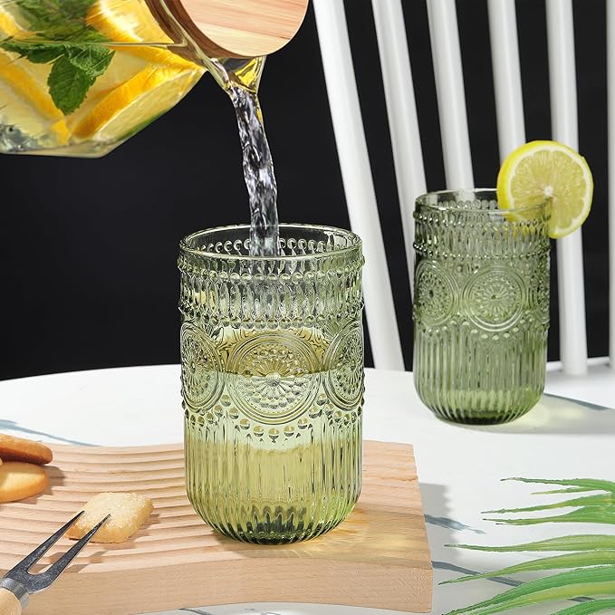 Joeyan Vintage Green Drinking Glasses Set of 4,14 oz Embossed Sunflower Beaded Highball Glass Water Tumbler Cups,Colored Romantic Glassware for Beverages Cocktail Juice Wine,Dishwasher Safe