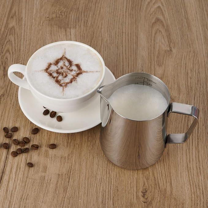 Milk Frothing Pitcher, 20oz Espresso Steaming Pitchers Stainless Steel Cappuccino Coffee Machine Accessories Barista Tools Steamer Froth Pitchers Milk Jug Cup with Decorating Pen Latte Art