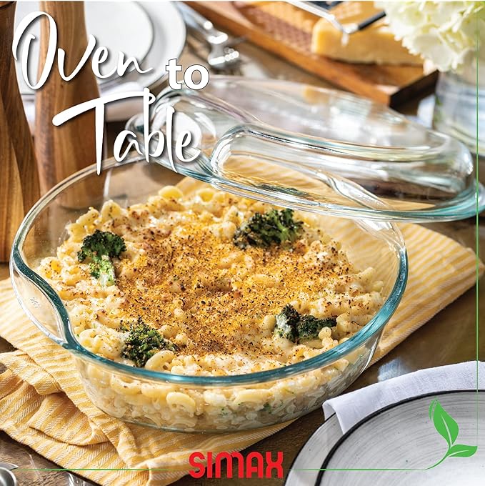 Simax Casserole Dish For Oven: Round Glass Casserole Set With Lids,1 Glass and 1 Plastic Cover ??Clear Baking Pan,Borosilicate Glassware,2.5 Quart Capacity Plus 1.5 Quart Lid