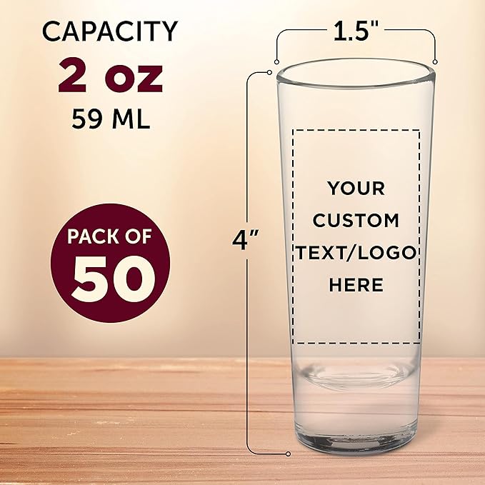 Custom Cordial Shooter Shot Glasses 2 oz. Set of 50, Personalized Bulk Pack - Great for Birthdays, Parties, Indoor & Outdoor Events - Clear