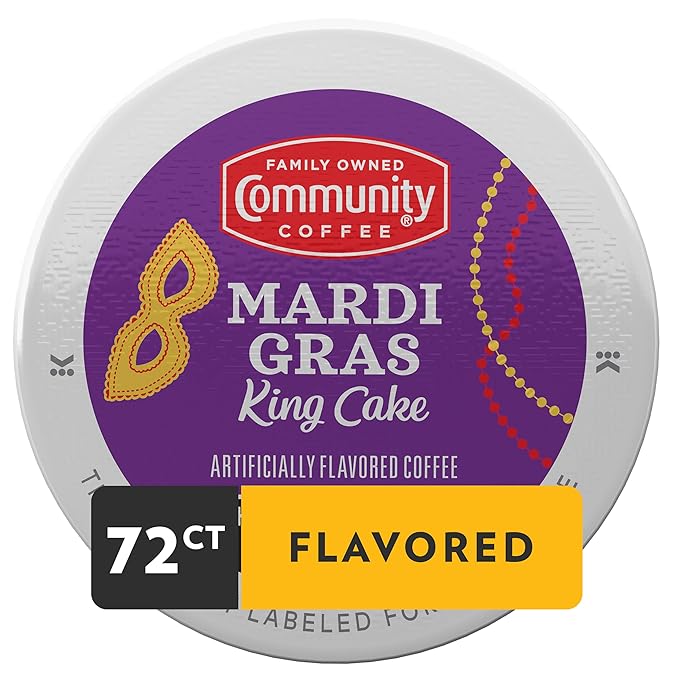 Community Coffee Mardi Gras King Cake Flavored 72 Count Coffee Pods, Medium Roast, Compatible with Keurig 2.0 K-Cup Brewers (Pack of 6, 72 Count)