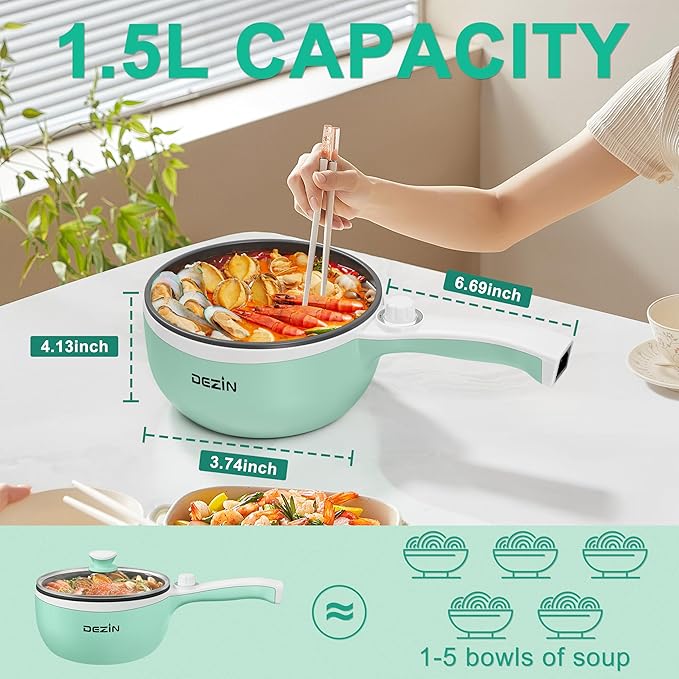 Dezin Hot Pot Electric Upgraded, Non-Stick Saut챕 Pan, Rapid Noodles Electric Pot, 1.5L Mini Portable Hot Pot for Steak, Egg, Fried Rice, Ramen, Oatmeal, Soup with Power Adjustment
