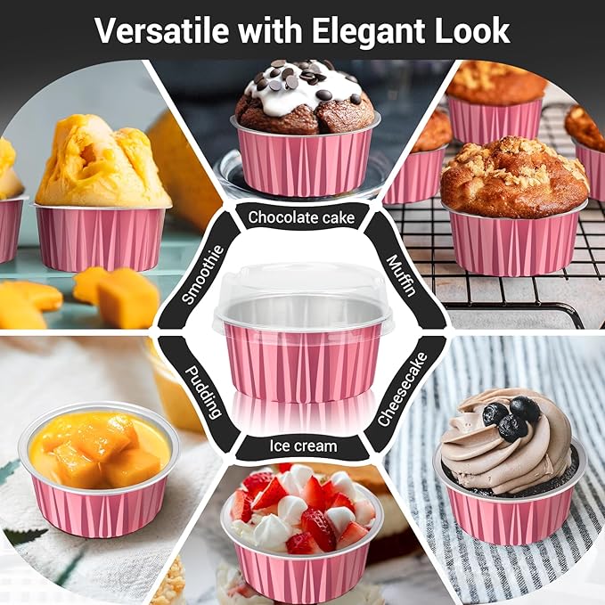 EUSOAR Disposable Ramekins with Lids, 60pcs 5oz Foil Dessert Cups, Aluminum Baking Cups Liners Mini Cupcake Containers Cheesecake Creme Brulee Ramekins for Wedding Party Catering Gathering-Carmine