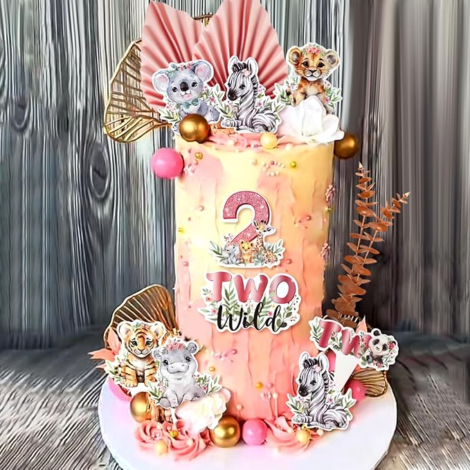 40 PCS Two Wild Cake Topper 2nd Birthday Party Girl Safari Animal Cake Decorations Pink Two Wild 2 Birthday Decor Jungle Cake Toppers Baby Shower