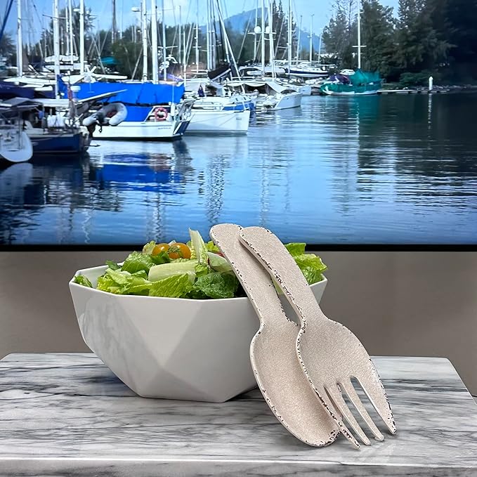 UPware Crackle Melamine Salad Servers, Serving Utensil Set, Includes Serving Fork and Spoon for Tossing Salad, Pasta, Cream, 10.75 Inch, Set of 2