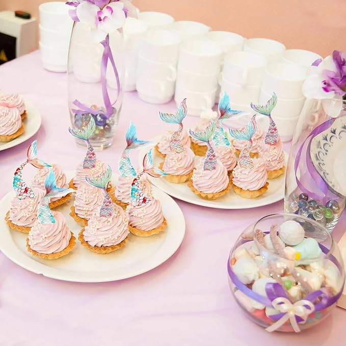 40Pcs Edible Mermaid Tails Cupcake Toppers Wafer Paper Mermaid Tail for Mermaid Party Cake Drink Decoration Baby Shower Party Supplies