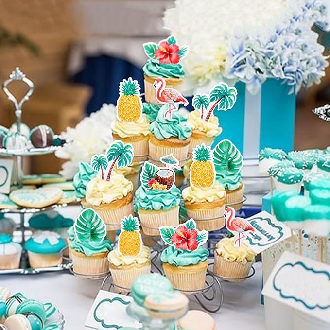 42Pcs Edible Tropical Cupcake Toppers Wafer Paper Hawaiian Luau Theme Party Decoration Baby Shower Birthday Party Supplies
