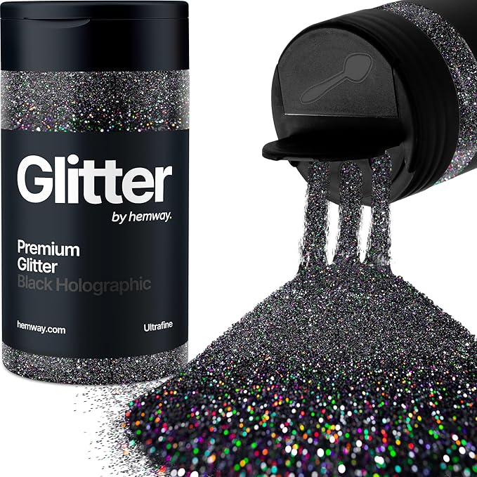 Hemway Premium Glitter Shaker - Black Holographic | Ultrafine Metallic Flake Sequins for Resin & Epoxy Crafts | Craft Supplies for Tumblers, Festival, Face, Body, Eye & Nail Art Decoration | 115 g