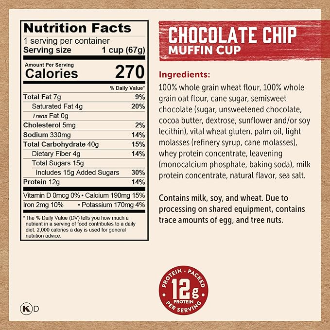 Kodiak Cakes Minute Muffins, Chocolate Chip, 2.36 Ounce (Pack of 12)