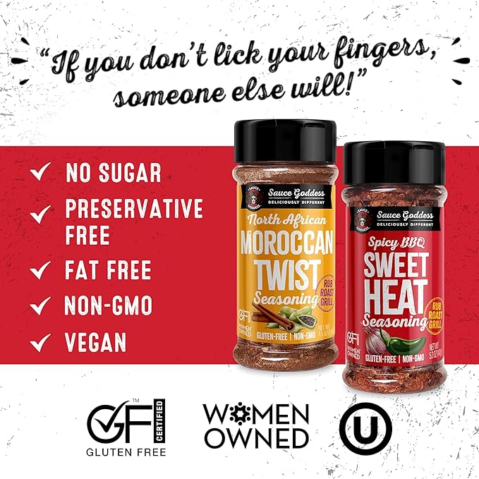 Sauce Goddess - Spicy BBQ Sweet Heat & Moroccan Twist Duo Premium Spices, No MSG, No Additives, Plant-Based, Shakers for Meat & Veggies - 2-Pack