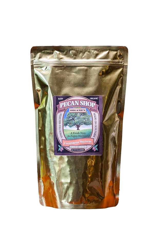Pecan Shop Sprouted Raw Organic California Walnuts, Light Redmond Sea Salt Family Recipe Crispy-Untreated, Unpasteurized and Family Orchard grown-12 Ounce