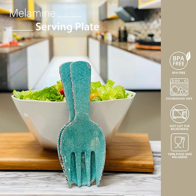 UPware Crackle Melamine Salad Servers, Serving Utensil Set, Includes Serving Fork and Spoon for Tossing Salad, Pasta, Turquoise, 10.75 Inch, Set of 2