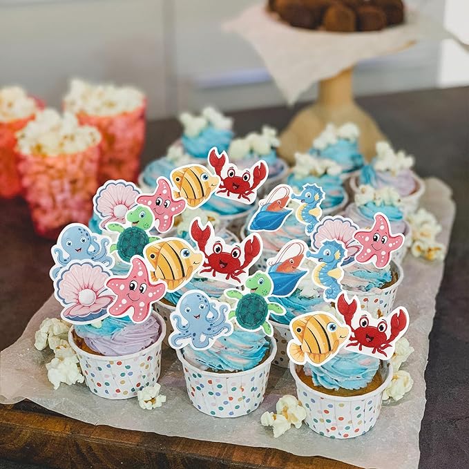 Rsstarxi 56 Pack Edible Ocean Animal Cupcake Toppers Sea Ocean Theme Birthday Cake Decorations Turtles Octopus Seahorse Cupcake Picks for Under the Sea Theme Baby Shower Birthday Party Decorations