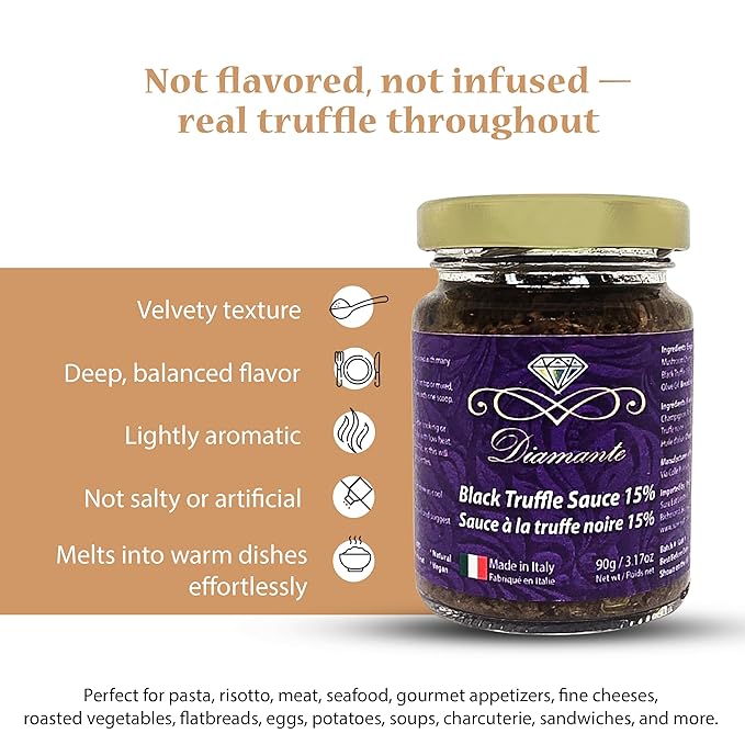 Diamante Italy Black Truffle Sauce with High 15% Black Truffle Content - Authentic Italian Gourmet Black Truffle & Mushroom Sauce - Non GMO, Vegan & Made in Italy - 90g