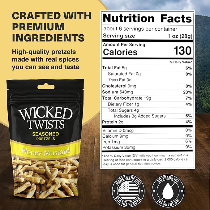 Wicked Twists Honey Mustard Seasoned Pretzels Twists 5.5 oz (3 Pack) Snack Pretzel Sticks Rods, Bold Flavor Snack, Resealable Fresh Pack, Baked Crunch, Party & School-Ready