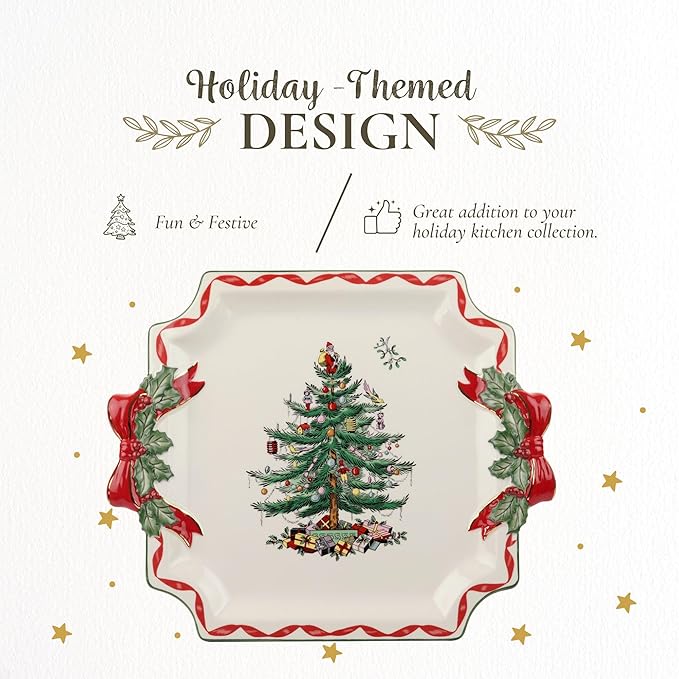 Spode Christmas Tree Ribbons Square Platter with Bow Handles - 11-Inch Holiday Serving Plate for Desserts, Appetizers, and Treats - Festive Christmas Dinnerware with Gold Accents - Dishwasher Safe