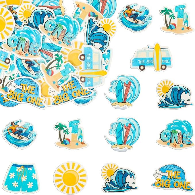Gyufise 54Pcs Edible Surfing Cupcake Toppers Wafer Paper The Big One Surf Birthday Cake Dessert Picks Surfing 1st Birthday Decorations for Summer Hawaii Holiday Baby First Supplies Light Blue