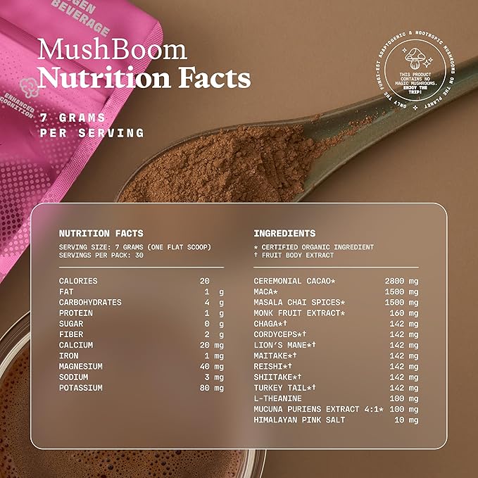 Ultra Life Sport - MushBoom Organic Mushroom Coffee Alternative Drink - 30 Servings 7 Mushroom Cacao Blend - Cordyceps, Lion’s Mane, Chaga, Maitake, Shiitake, Reishi & Turkey Tail - Caffeine Free