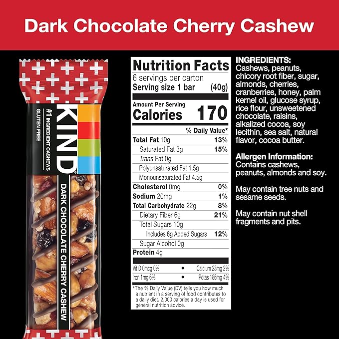 KIND Nut Bars, Dark Chocolate Cherry Cashew, Healthy Snacks, Gluten Free, 4g Protein, 24 Count