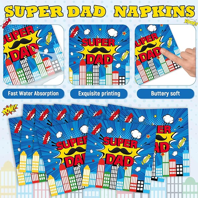 96Pcs Happy Fathers Day Paper Plates and Napkins Super Dad Party Decorations Super Theme Dessert Plates Hero Cityscape Birthday Tableware for 24 Guests Papa Grandpa Best Dad Daddy Men Party Supplies
