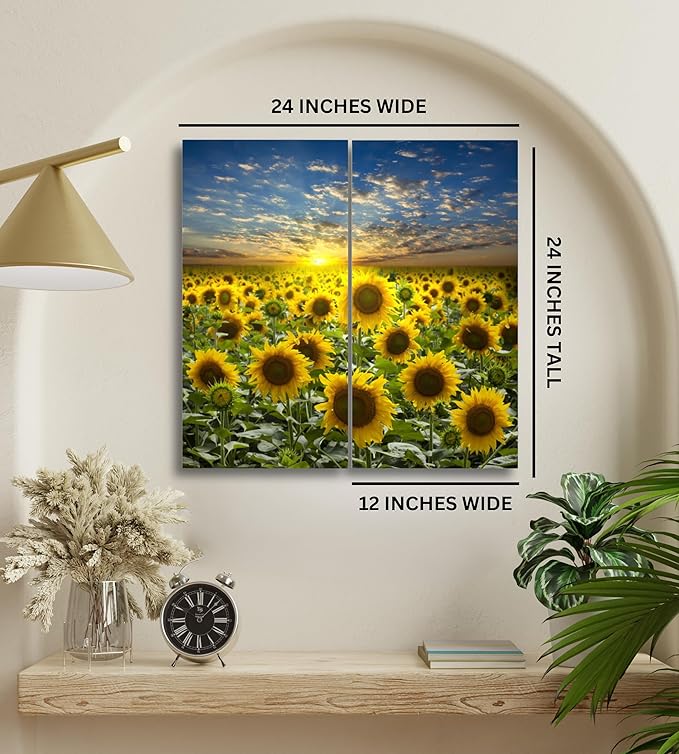 Sunflower Canvas Wall Art Decor - 2 Piece Set, Decorative Multi Panel Split Prints - Flower Field Landscape Picture for Living Room, Kitchen, Bedroom, Office & Home Decor Gift