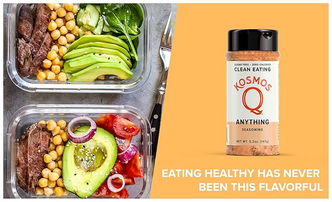 Kosmos Q Anything Seasoning, All-Purpose Spice Mix with Onion, Garlic, Paprika & Herbs, Sugar Free, Zero Calories, Keto & Paleo Friendly, Clean Eating Dry Rub For Meat, Veggies & More, 5.2 Oz Shaker