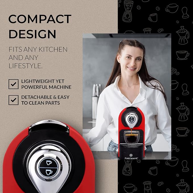 ChefWave Espresso Machine for Nespresso Compatible Capsules (Red) Bundle with Capsule Holder, 2 Glass Cups and Descaling Powder (2 Items)