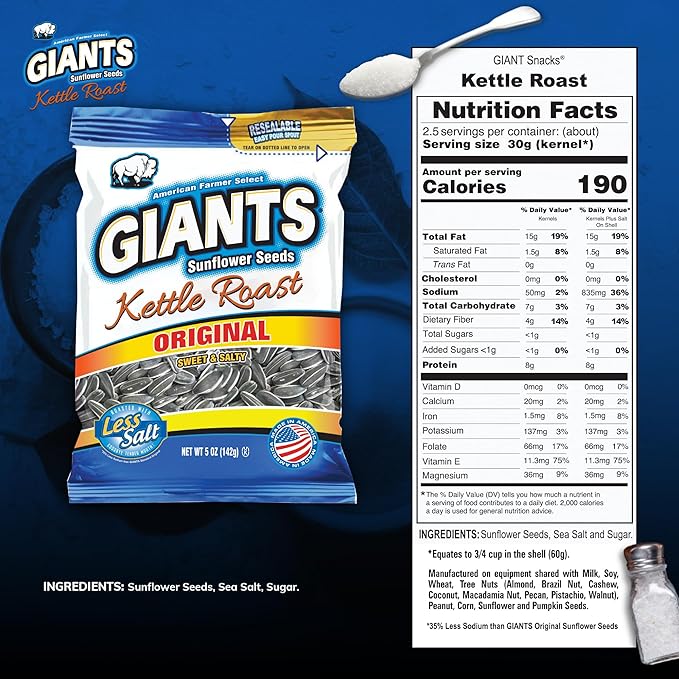 GIANTS Kettle Roast Sweet & Salty Sunflower Seeds - Sunflower Seeds Bulk, Sunflower Seed Snack, Roasted & Lightly Salted Sunflower Seeds to Eat with 8g Protein Per Serving - 5 oz Bag (Pack of 12)