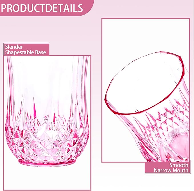 24 PCS Pink Unbreakable Stemless Wine Glasses,9OZ Vintage Colored Plastic Reusable Cups Drinking Glass Goblets Tumblers for Whisky, Beer, Juice, Beverages, Cocktail