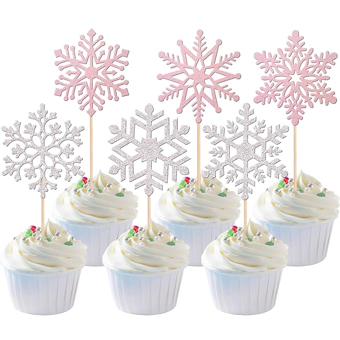 36 PCS Snowflake Cupcake Toppers Glitter Winter Frozen Theme Cupcake Picks Little Snowflake Cake Decorations for Winter Wonderland Baby Shower Kids Birthday Christmas Party Supplies Silver Pink