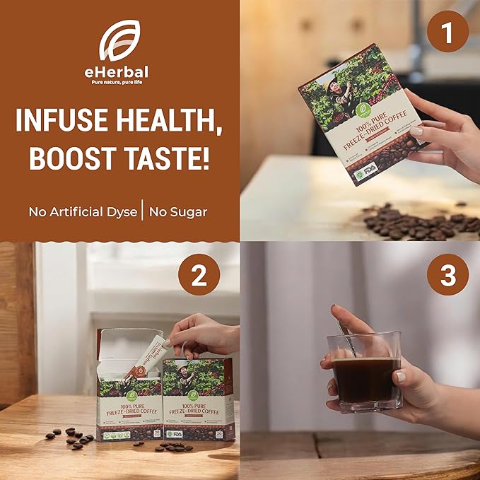 eHerbal Vegan Calming Instant Coffee Powder, plant base freezed dried Cold Brew 20 Packs | Smooth & Bold Vietnamese Robusta Coffee | Non-GMO, Vegan, Keto-Friendly, Low Acid (2.5g/stick)