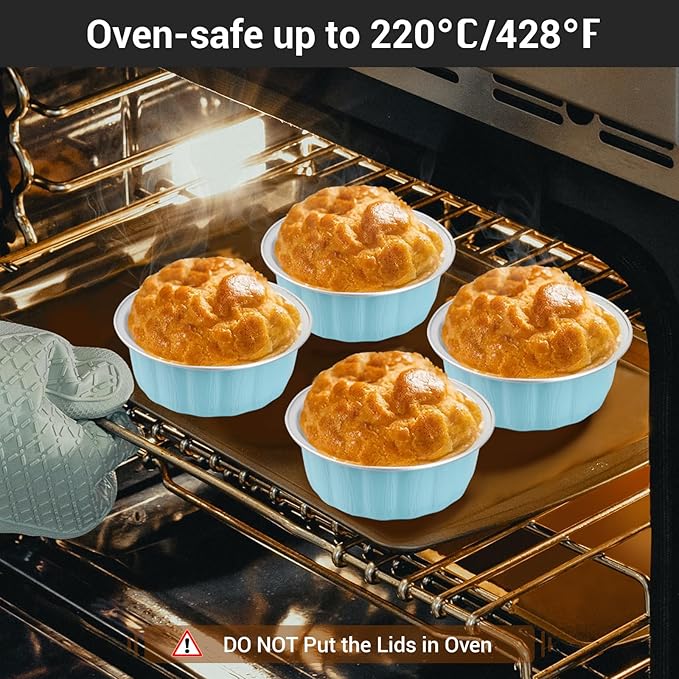 EUSOAR Disposable Muffin Tins, 50pcs 9oz Blue Cake Containers with Lids, Foil Ramekins Desert Cups with Lids Cupcakes Bread Pudding Round Holders Cups for Wedding Birthday Theme Party