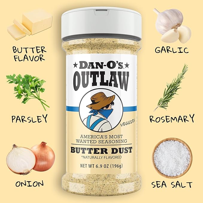 Dan-O's Outlaws Butter Dust Seasoning, 6.9 oz Bottle, Buttery All Purpose Seasoning for Chicken, Veggies, Popcorn and More, Sugar Free, Zero Calorie, This Spice Blend Adds Rich Flavor Without the Mess