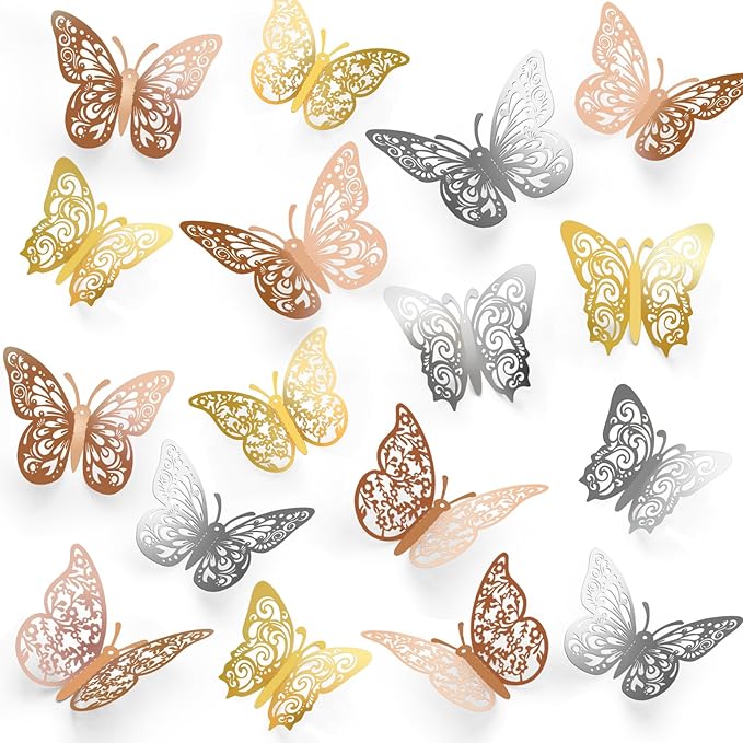Crosize 72 Pcs Butterfly Decorations, 3 Sizes 3 Styles, 3D Butterfly Wall Decor, Butterfly Party Decorations, Birthday Decorations, Butterflies for Crafts, Cake Decorating(Rose Gold & Gold & Silver)