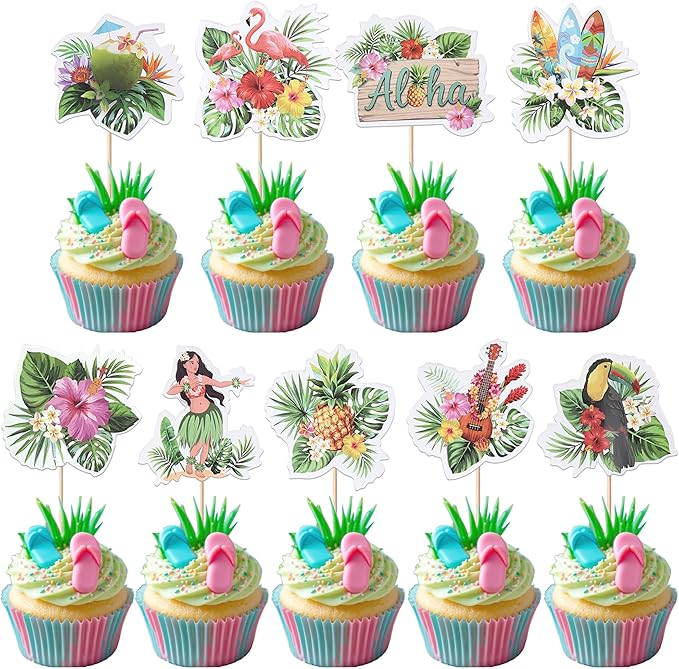 36 PCS Hawaii Luau Cupcake Toppers Tropical Palm Leaves Aloha Flamingo Pineapple Cupcake Picks Hawaiian Birthday Party Cake Decorations for Summer Hawaii Luau Baby Shower Birthday Party Supplies
