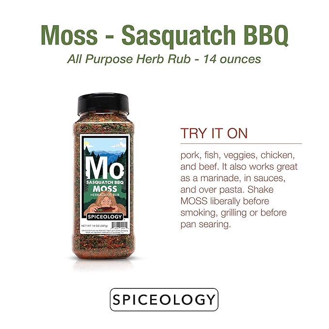 Spiceology & Sasquatch BBQ - Moss Seasoning - All-Purpose Herb Spice Rub - Use On: Pork, fish, Veggies, Chicken, Beef - Barbeque Rubs, Spices and Seasonings - 14 oz