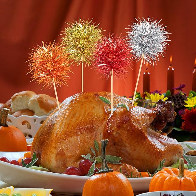 Chinco 100 Pcs Foil Firework Cupcake Toppers Sparkle Tinsel Cake Toppers Cake Decoration Cocktail Fruit Toothpick for Birthday Wedding Graduation Party (Silver, Red, Orange, Gold)