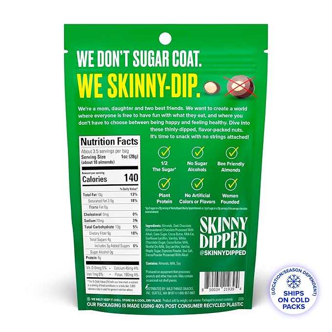 SkinnyDipped Mocha Splash Almonds, Healthy Snack, Plant Protein, Gluten Free, 3.5 oz Resealable Bags, Pack of 5