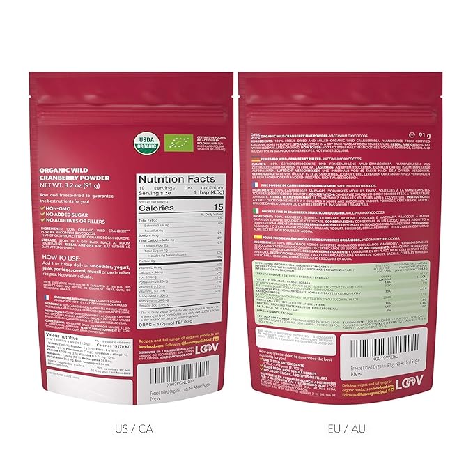 Wild Organic Freeze Dried Cranberry Powder, 3.2 Oz, 18-Day Supply, from Nordic Forests, Raw, No Added Sugar