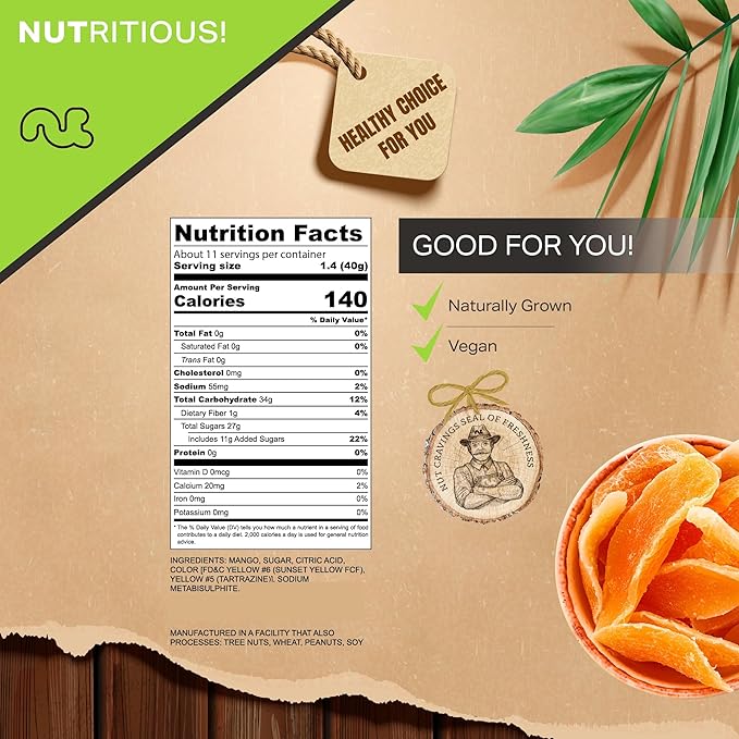 NUT CRAVINGS - Sun Dried Mango Slices, Lightly Sweetened (16oz, 1 LB) Bulk Dry Fruits Packed Fresh in Resealable Bag - Sweet Healthy Snack, Naturally Grown, Vegan, Kosher