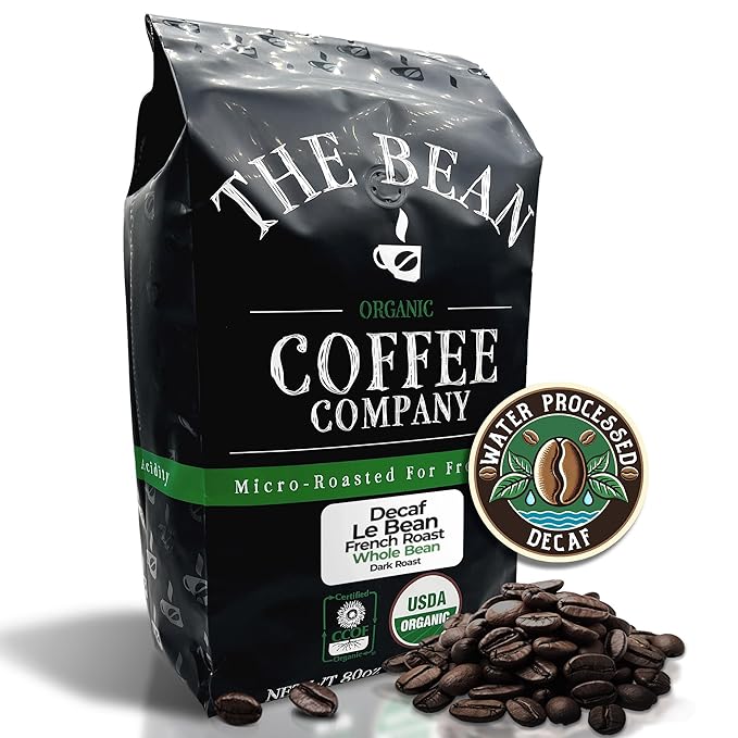 The Bean Organic Coffee Company Water Processed DECAF Le Bean, Dark French Roast, Whole Bean Coffee, 5-Pound Bag