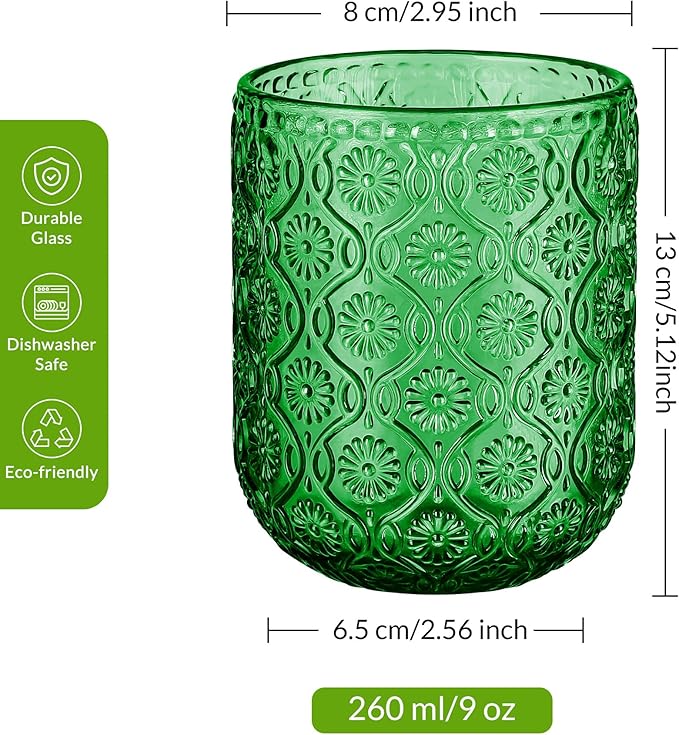 Joeyan Small Drinking Glasses,Vintage Green Embossed Floral Water Glass Tumbler Cups,Colored Beverages Cocktail Juice Wine Glassware,9 oz,Set of 4,Dishwasher Safe