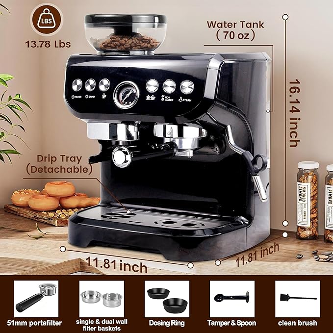 MIROX Espresso Machine 15 Bar, Coffee Maker With Milk Frother Steam Wand, Built-In Bean Grinder, Combo Cappuccino Machine with 70oz Removable Water Tank (ABS high-strength plastic shell)