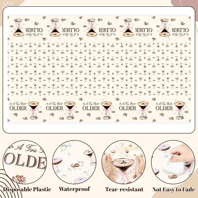3Pcs Coffee Martini Tablecloths A Tini Bit Older Birthday Table Covers Coffee Espresso Martini Themed Plastic Disposable Rectangular Party Decorations Supplies for Birthday Bachelorette Party